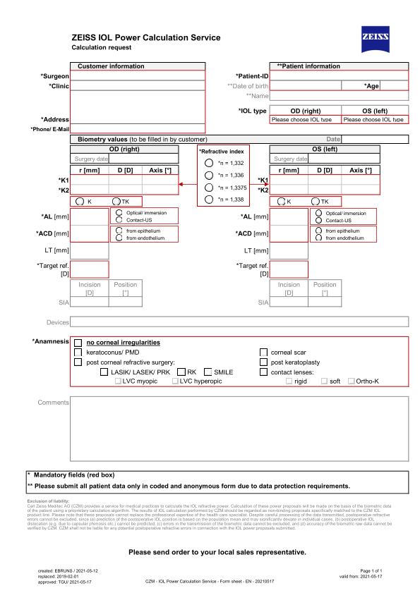 Vista previa de imagen de IOL Calculation Request Sheet PDF EN