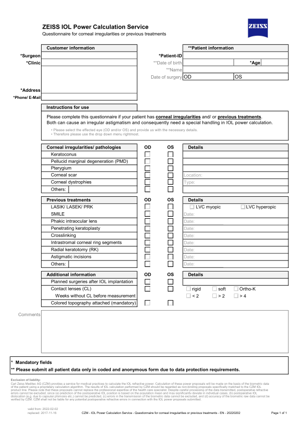 Vista previa de imagen de IOL Calculation Request Sheet (Corneal irregularities or previous treatments) PDF EN