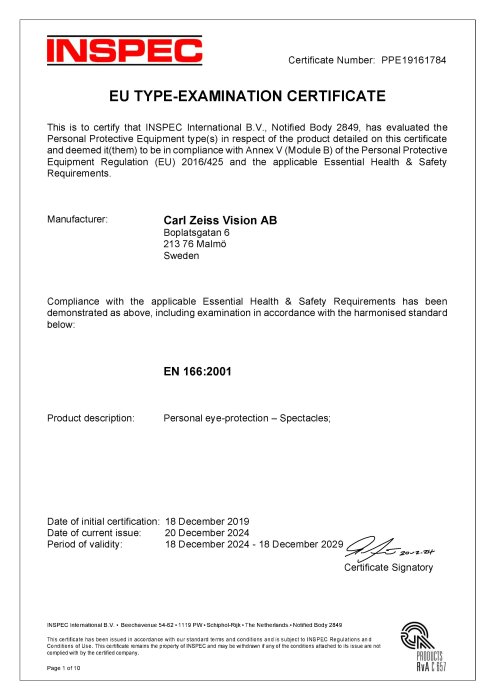 Forhåndsvis bilde av Certificate EU Regulation 2016/425 for Safety Eyewear